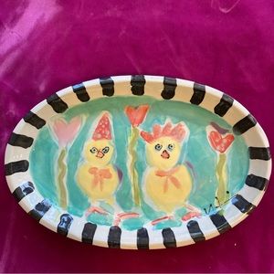 Handmade Ceramic Serving Tray”Chicks & Hearts On Pink”Design 11”x7”Original